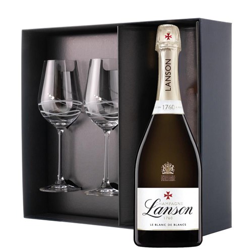 Lanson Le Blanc de Blancs Champagne 75cl And Diamante Venezia Glasses Gift Box Set